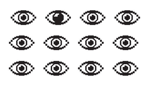 Pixelated eye with various iris and pupil designs, set of different eye types.