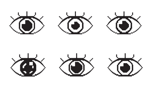 Pixel art eye with diverse pupil and iris patterns, including geometric designs.
