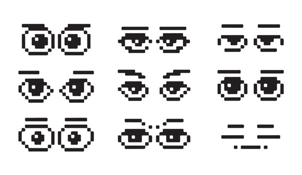 Set of pixel art eyes showing different expressions and emotions isolated on white background.