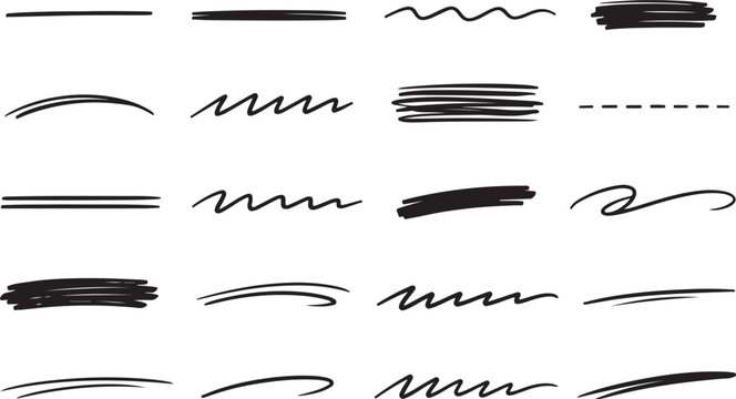 Collection of hand-drawn underline strokes and scribbles graphic design elements for emphasis and highlighting text isolated on white background