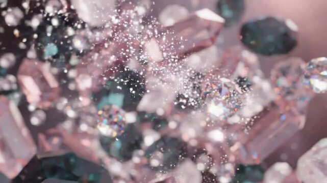 Luxury floating diamonds and rose quartz crystals abstract background, with sparkling glitter particles