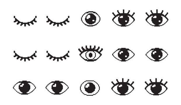 Pixel eye icons collection. set of open and closed eyes with lashes. isolated vector illustration.