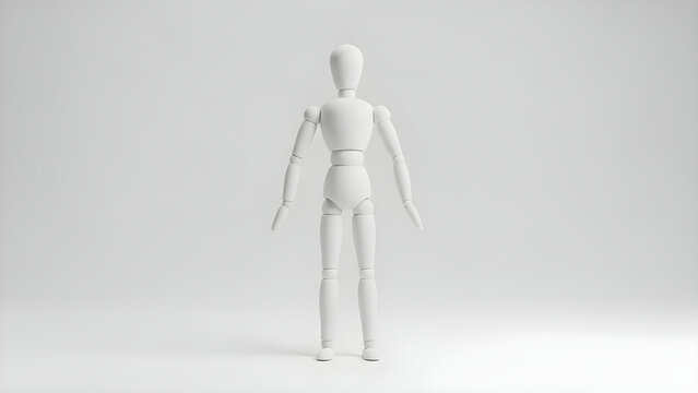 A white mannequin stands alone in a plain gray studio environment.