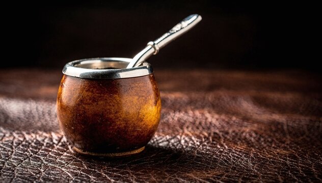 Traditional dark wood calabash container with silver rim and metal straw for beverage consumption, presented on a rustic textured brown surface with dim lighting creating a moody atmosphere