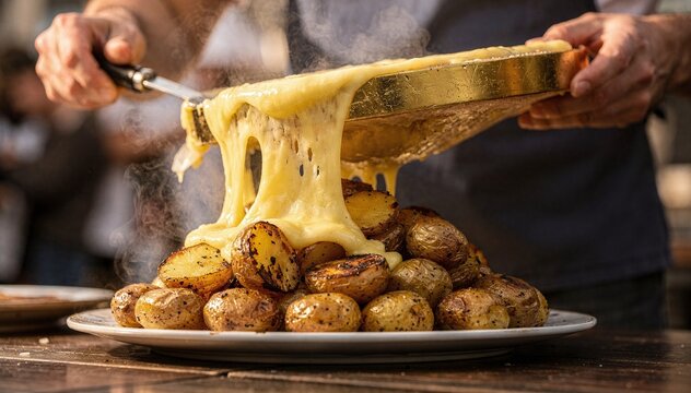 Close-up of a person scrape rich, melted cheese over a warm heap of roasted potatoes, creating luscious, stringy strands, steam rises from this hearty dish
