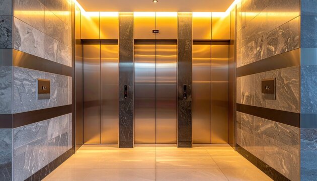 Modern elevator doors in a building interior with polished metal and marble