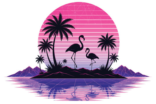 Silhouette of a tropical island with palm trees at sunset over ocean beach, summer paradise landscape with sea, sand and sky, travel vacation illustration