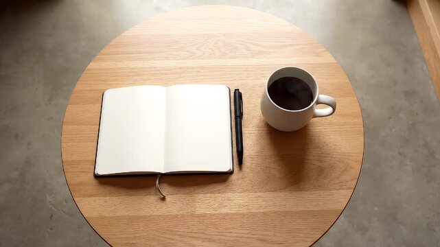 Top down view of blank open notebook with pen and steaming hot cup of coffee on round wooden table in minimalist workspace