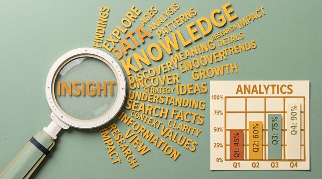 Papercut art of a magnifying glass focusing on INSIGHT amid yellow data buzzwords next to an analytics growth chart on a sage background, concept of business intelligence and market research.