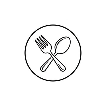 Black and white crossed fork and spoon icon with restaurant, utensils