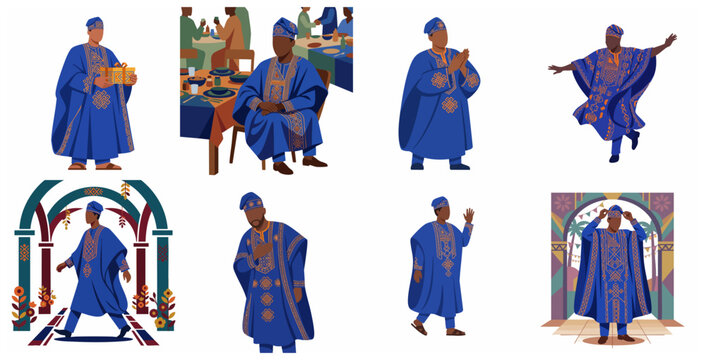 Set of illustrations of a man in traditional Nigerian blue Agbada attire celebrating cultural heritage and festivities through various poses