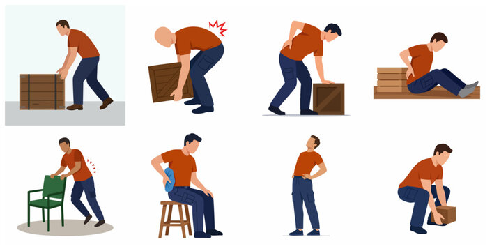 Vector illustrations of ergonomic lifting techniques and back pain in the workplace