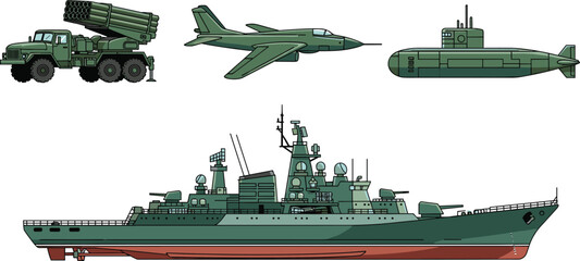 Set of military equipment illustrations including warship, submarine, fighter jet, and missile launch truck © MdAnowerHossain