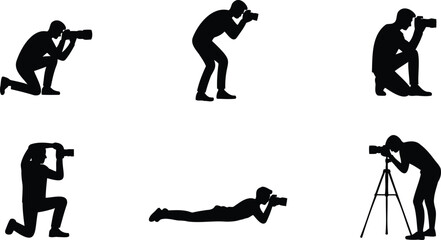 Black silhouette of photographers in various shooting poses camera tripod © Sadia Designer