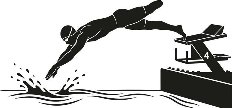 Silhouette of a swimmer diving from a starting block black and white vector illustration on a white background athlete aquatic black and white