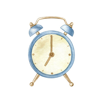 Watercolor blue alarm clock isolated illustration. Hand drawn vintage style timepiece clipart for planners, study-themed projects, office stationery, morning routine concepts and home decor elements.