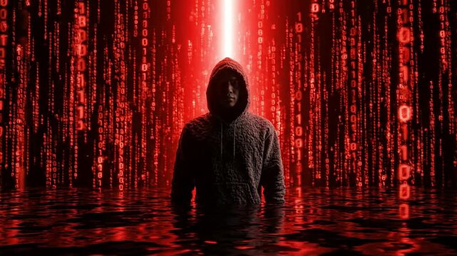 Cyber hacker in hood standing in digital red binary code rain, mysterious anonymous programmer in virtual reality data stream environment