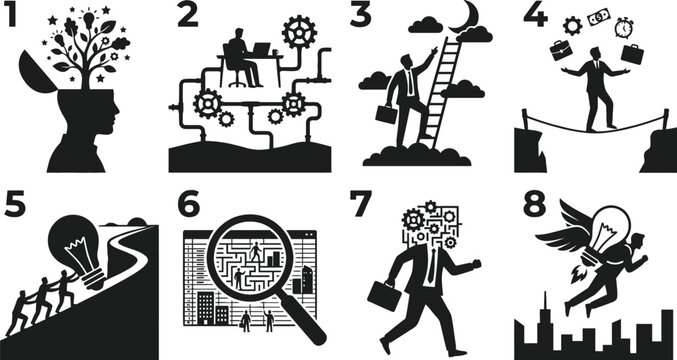 Human head with tree silhouette inside black and white vector illustration representing growth and ideas brain mind intellect thought cognition concept