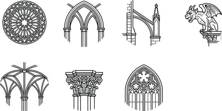 Gothic architecture elements black line vector illustrations on a white background