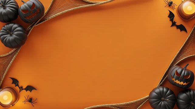 Festive Halloween arrangement with black pumpkins bats and spiders on an orange background