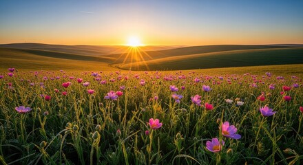 Obraz premium A golden sunrise illuminates a lush green meadow filled with wildflowers and morning dew, casting long shadows across the rolling hills, dawn, light, rural