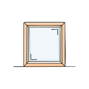 Simple square window frame with light blue glass and wooden border illustration