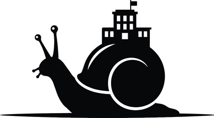 Black silhouette of a snail carrying a castle on its shell against a white background graphic illustration animal architecture artwork black and white © Sourav