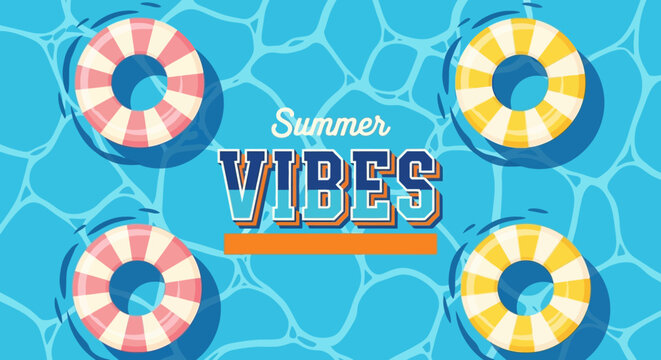 Summer vibes with colorful inflatable rings floating on a blue pool water background with a fun and playful atmosphere and the text summer vibes