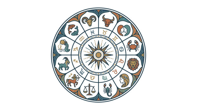 Vintage zodiac circle with horoscope symbols and sun illustration on white background