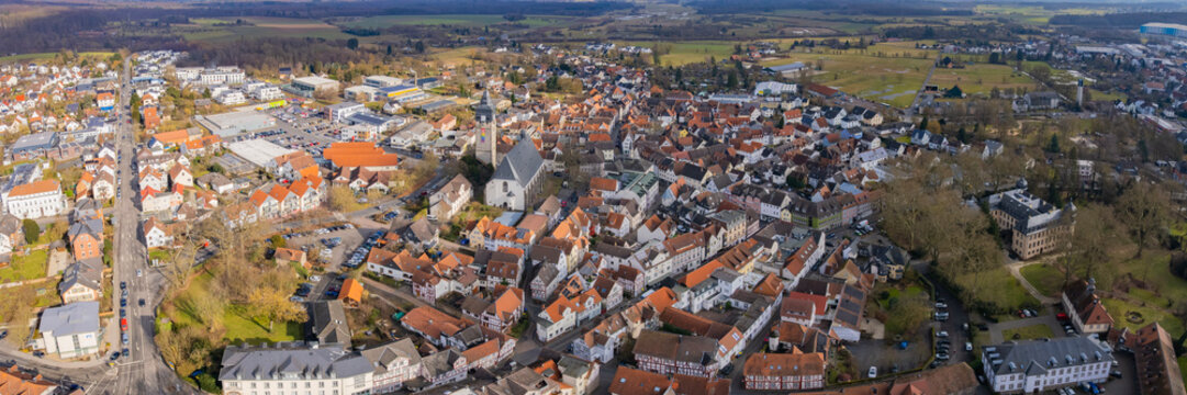 Aerial view beside the old town above the city Lich in Germany, on a sunny afternoon in autumn.