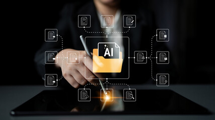 Fototapeta premium Business Professional Using Digital Tablet to Manage AI File Organization and Workflow in Modern Office Setting. Glyphic.