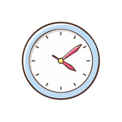 Fototapeta premium Simple cartoon wall clock displaying the time with red hour and minute hands against a white background.