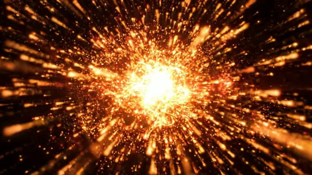 Golden particle explosion abstract background, cinematic light rays and glowing dust particles motion