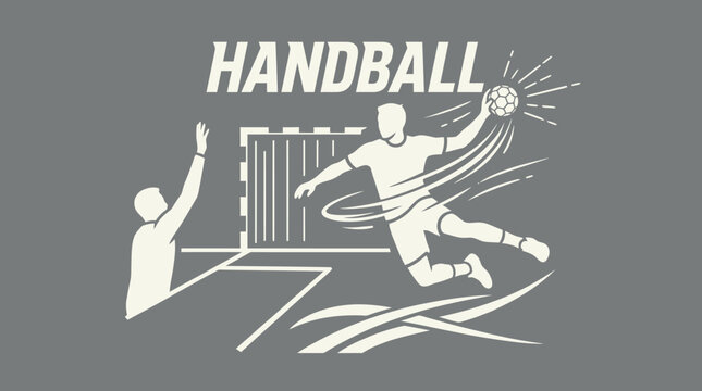 A handball player kicks the ball while the goalkeeper tries to block in a stadium.