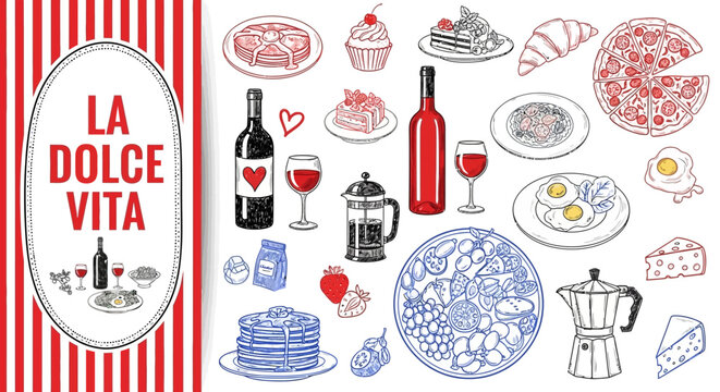 La dolce vita illustration with various food and drink items