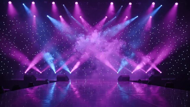 Empty stage with purple and blue concert lighting, haze, and starry backdrop, for live performance events