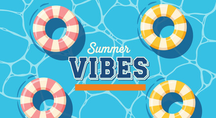 Summer vibes with colorful inflatable rings floating on a blue pool water background with a fun and playful atmosphere © Ashok