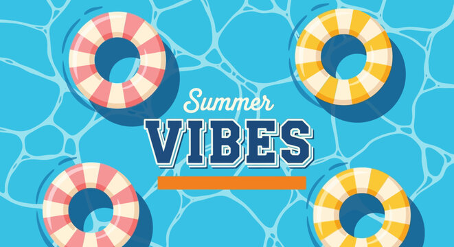 Summer vibes with colorful inflatable rings floating on a blue pool water background with a fun and playful atmosphere