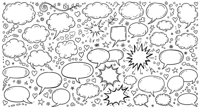 Collection of various comic book style speech bubbles and thought clouds with hearts stars