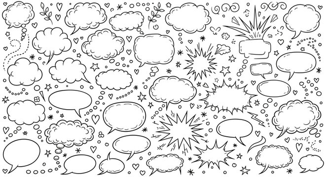 Collection of various comic book style speech bubbles and conversation clouds with hearts stars