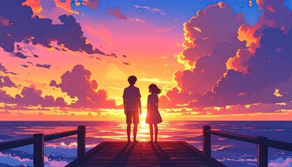 Fototapeta premium Anime style couple silhouette at sunset over ocean water and cloudy sky