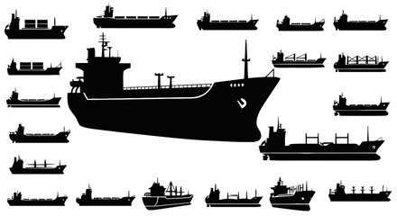Obraz premium Vector illustration of set of cargo ship silhouettes on a transparent background