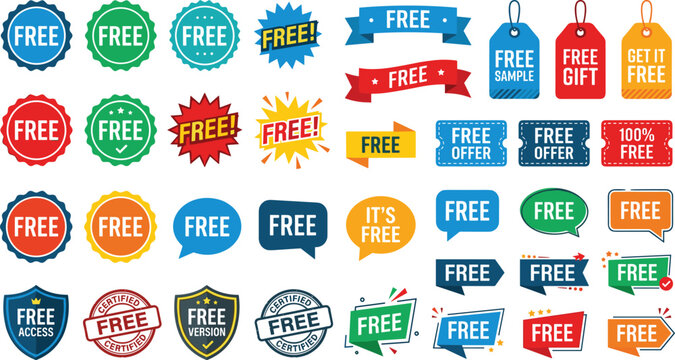 Free Promotion and Discount Label Badge Vector Icon Set Featuring Special Offers Coupons Gift Tags and Marketing Graphic Elements
