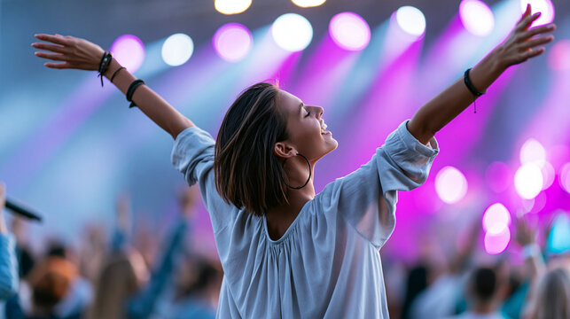 Anonymous joyful female singer with arms raised in celebration during a vibrant live music performance, faceless, defocused stage lighting, with copy space