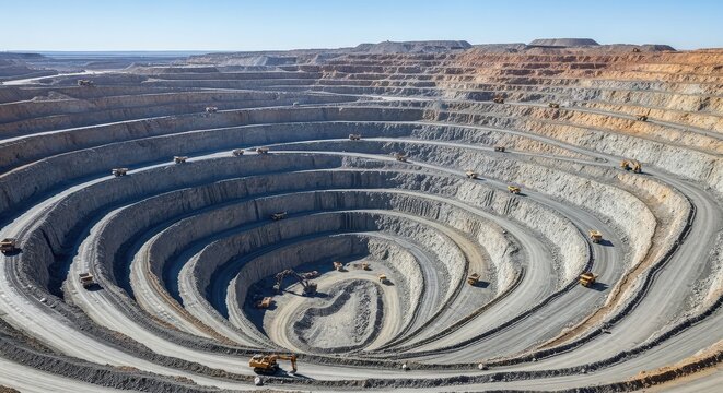 Aerial view of a massive open pit diamond mine showing kimberlite pipes and spiraling terraces. Industrial equipment excavates the earth, mine, aerial view, earthwork