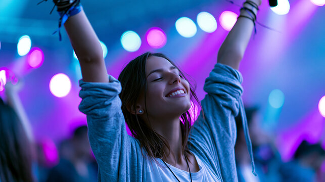 Anonymous joyful female singer with arms raised in celebration during a vibrant live music performance, faceless, defocused stage lighting, with copy space