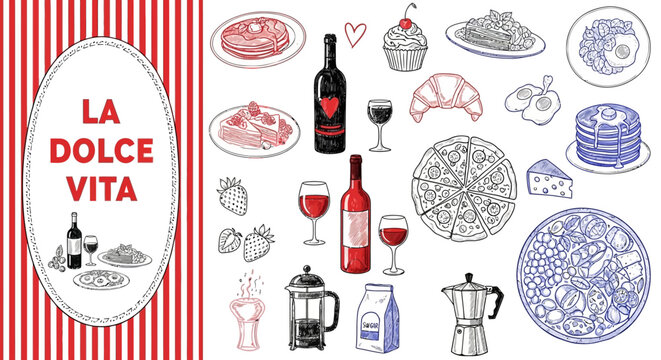 La dolce vita illustration with various food and drink items