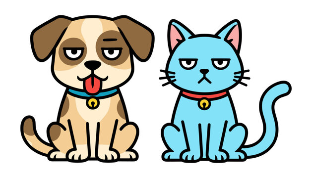 Cartoon dog and blue cat characters with funny grumpy expressions, characters