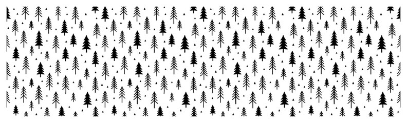 Pine trees and falling snow dots compose a minimalist forest landscape in a seamless pattern style © Mago