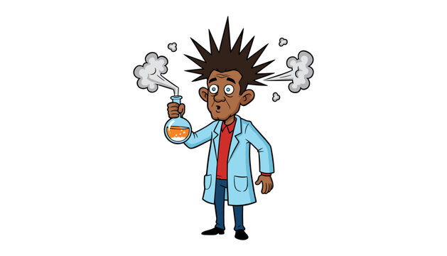 Cartoon scientist holding a bubbling chemistry flask with scientist, chemistry